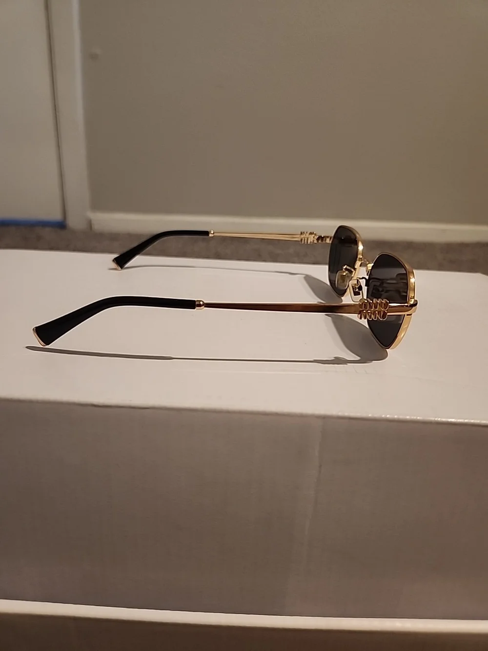 Rectangular Miu Miu Sunglasses With Golden Frame & Black Lens Made In Italy